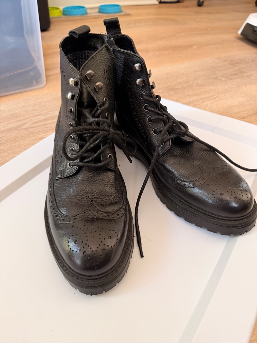 Vince Camuto Black Leather Wingtip Combat Boots